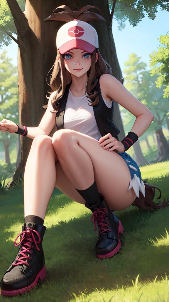 ((Best Quality)), ((Very detailed)), Masterpiece, absurdities, (detailed eyes, deep eyes), (1 girl), Perspective control, dynamic pose, whole body, Hilda, Brown hair, wide, Side locks, high Horse tail, Horse tail, Blue eyes, Wide hips, smiling, has, baseball cap, black vest, sleeveless shirt, White shirt, wristband, denim shorts, Short shorts, Boots, (outside , in a forest, sweet shirt,)