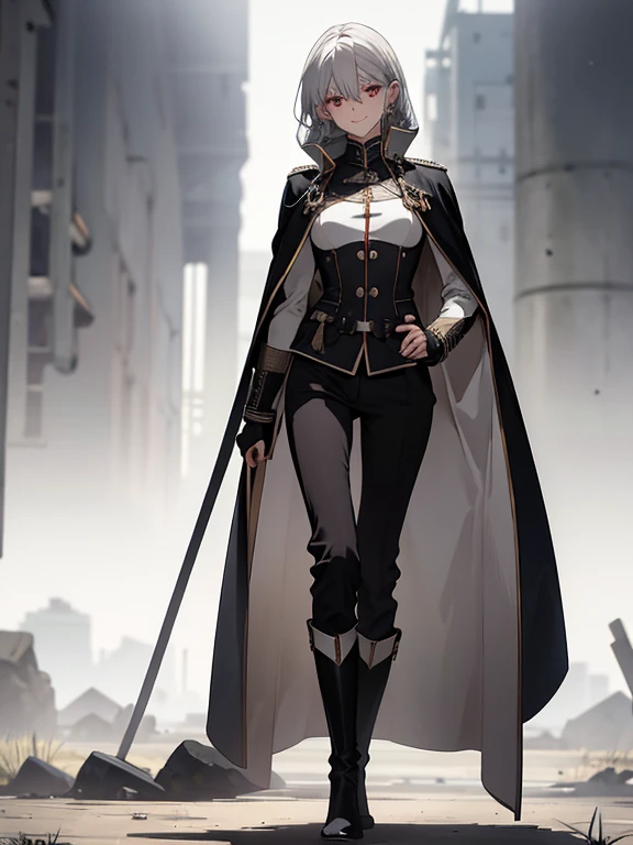 (Confused, High resolution, Very detailed), 1 female, Silver Hair,Shortcuts,Bright red eyes,White and black military uniform,24th generation,beauty,mature,thin,quiet,Calm,A small smile,A kind smile,Embarrassed smile,In front of the person I like,Long Cape,Slender and thin,boots,skinny pants,grassland,Small breasts,
