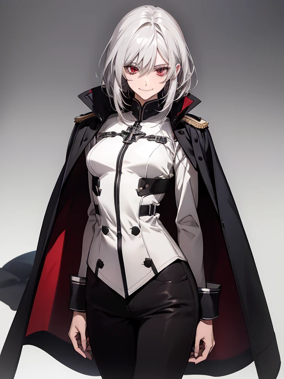 (Confused, High resolution, Very detailed), 1 female, Silver Hair,Shortcuts,Bright red eyes,White and black military uniform,24th generation,beauty,mature,thin,quiet,Calm,A small smile,A kind smile,Embarrassed smile,In front of the person I like,Long Cape,Slender and thin,boots,skinny pants,grassland,Small breasts,