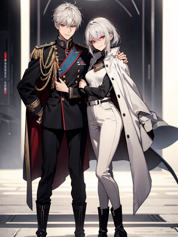(Confused, High resolution, Very detailed), 1 female, Silver Hair,Shortcuts,Bright red eyes,White and black military uniform,24th generation,beauty,mature,thin,quiet,Calm,A small smile,A kind smile,Embarrassed smile,In front of the person I like,Long Cape,Slender and thin,boots,skinny pants,grassland,Small breasts,