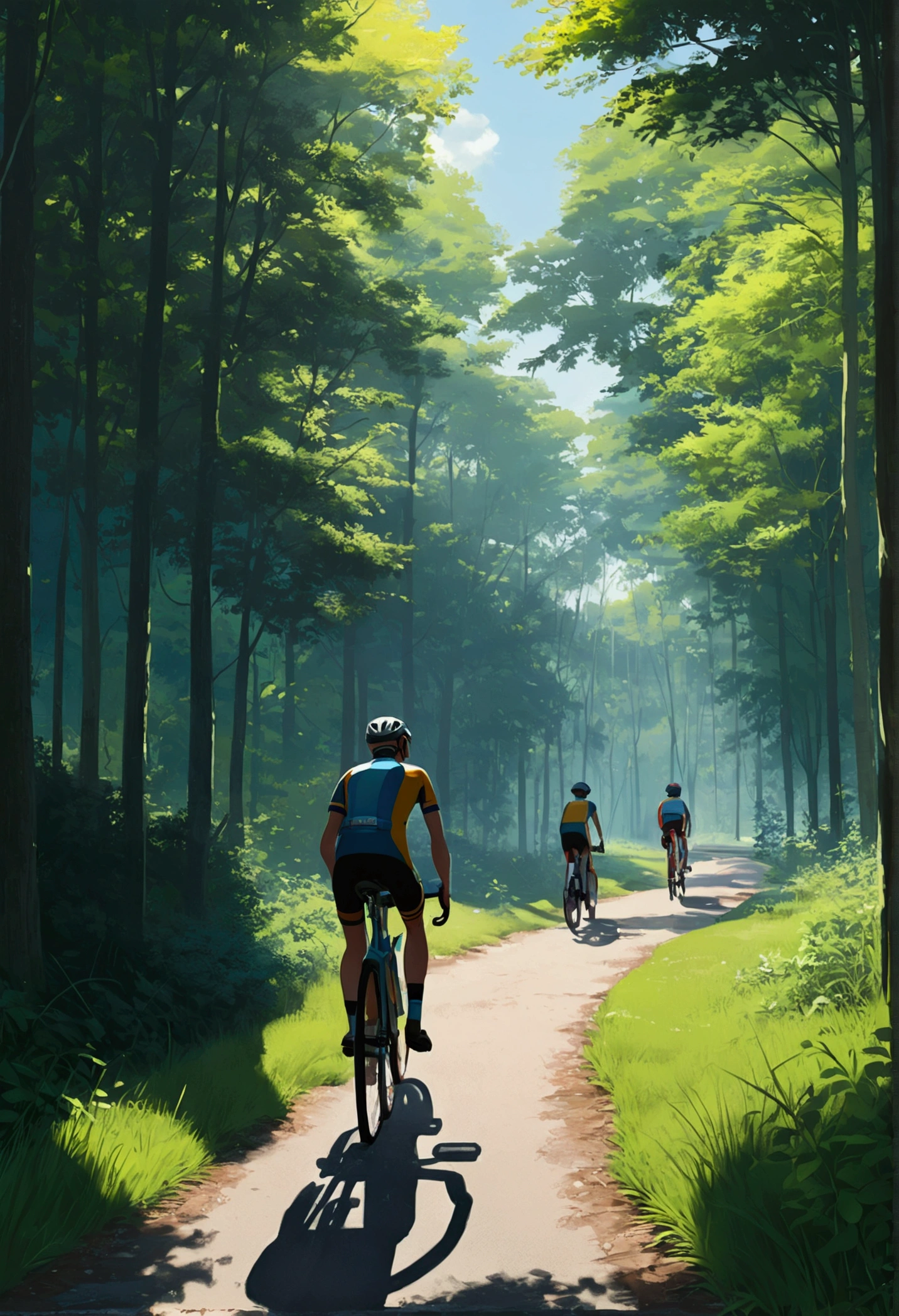 (bicycle: 1.5), (realistic bicycle: 1.5), (Realistic cyclist: 1.5), The cyclist returns to the foreground, Low-fi landscape, nature, sun, forest, clear, undergrowth, Landscape Background, Shadow, Contrast, Makoto Shinkai (Highest quality:1.3), (High resolution:1) Studio Ghibli style art, Vibrant colors, Impressionism