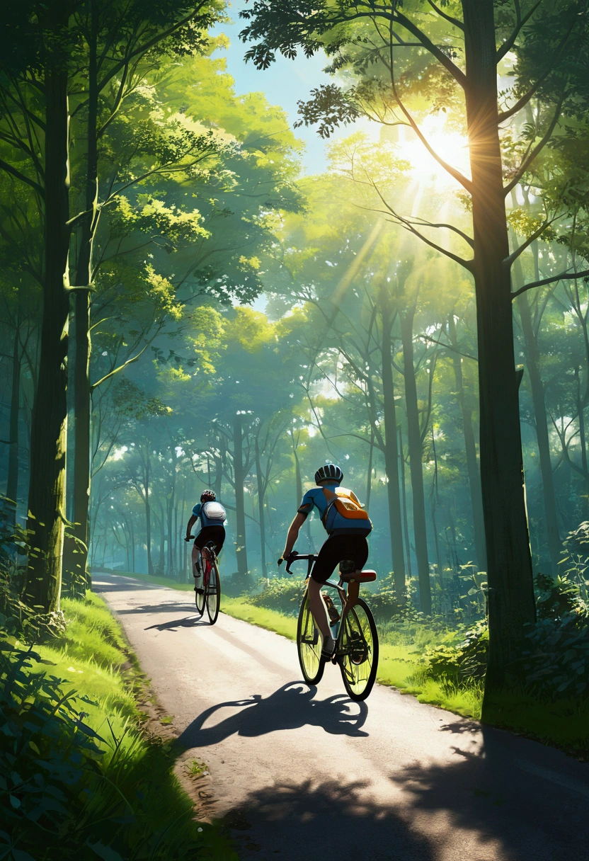 (bicycle: 1.5), (realistic bicycle: 1.5), (Realistic cyclist: 1.5), The cyclist returns to the foreground, Low-fi landscape, nature, sun, forest, clear, undergrowth, Landscape Background, Shadow, Contrast, Makoto Shinkai (Highest quality:1.3), (High resolution:1) Studio Ghibli style art, Vibrant colors, Impressionism