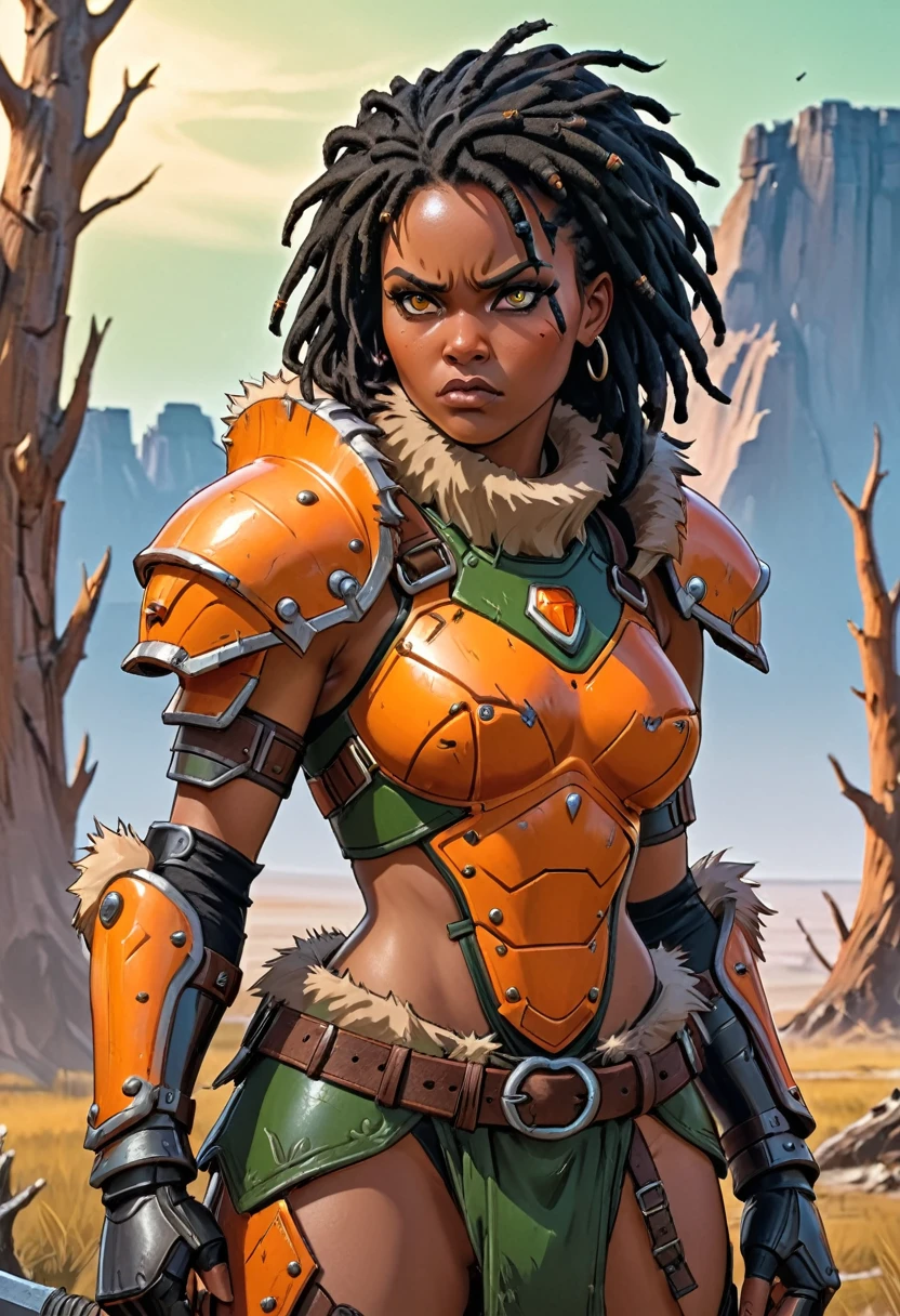 close up of African woman with (short black dreadlocks), short black hair pulled back, wearing a (heavy orange mechanical armor, with fur trim:1.3), chipped paint (orange power armor covering her chest and arms), (orange breast plate:1.1) with large (round orange shoulder pads:1.1), fur trim, dark green tight undersuit. (detailed eyes, detailed face), dark skin. (barbarian fur loincloth:1.3), (fur belt, fur boots:1.2),(fur trim:1.2). Badlands background with dead trees. super high quality, super high detail, masterpiece, 4k, 8k, HDR, masters of the universe. Frowning expression, serious expression, glaring at the camera. Show her fighting, dynamic exaggerated pose, (fighting stance, fighting, movement:1.2)