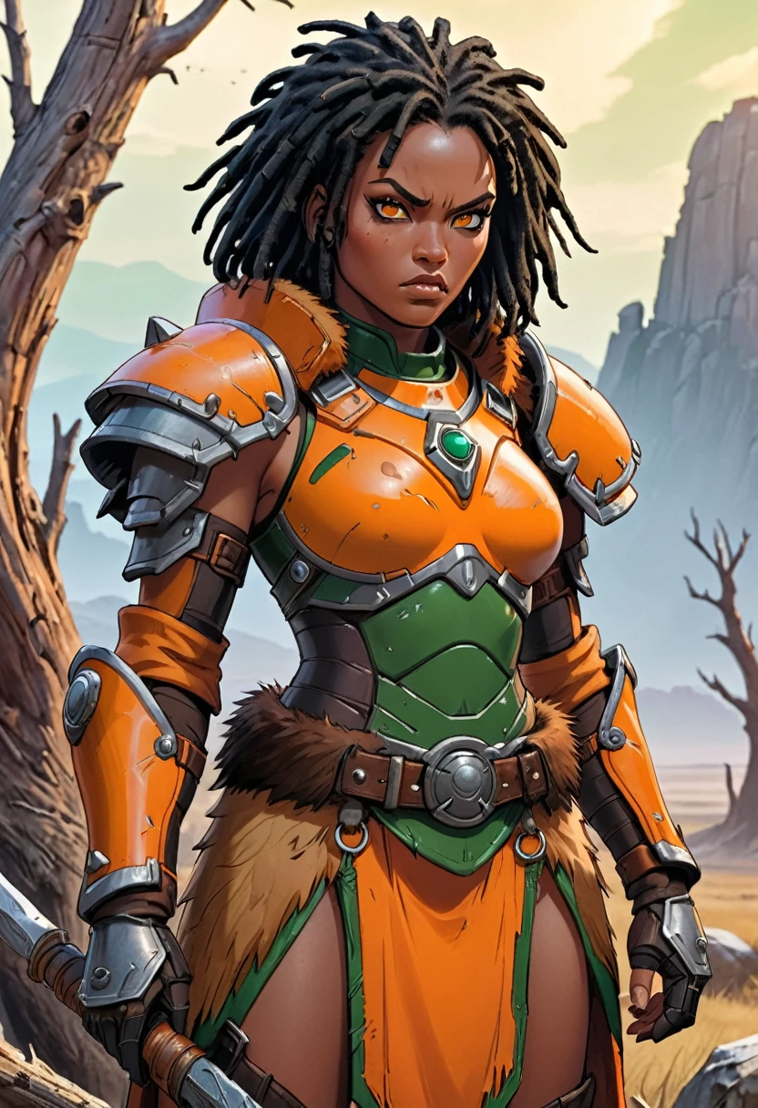 close up of African woman with (short black dreadlocks), short black hair pulled back, wearing a (heavy orange mechanical armor, with fur trim:1.3), chipped paint (orange power armor covering her chest and arms), (orange breast plate:1.1) with large (round orange shoulder pads:1.1), fur trim, dark green tight undersuit. (detailed eyes, detailed face), dark skin. (barbarian fur loincloth:1.3), (fur belt, fur boots:1.2),(fur trim:1.2). Badlands background with dead trees. super high quality, super high detail, masterpiece, 4k, 8k, HDR, masters of the universe. Frowning expression, serious expression, glaring at the camera. Show her fighting, dynamic exaggerated pose, (fighting stance, fighting, movement:1.2)