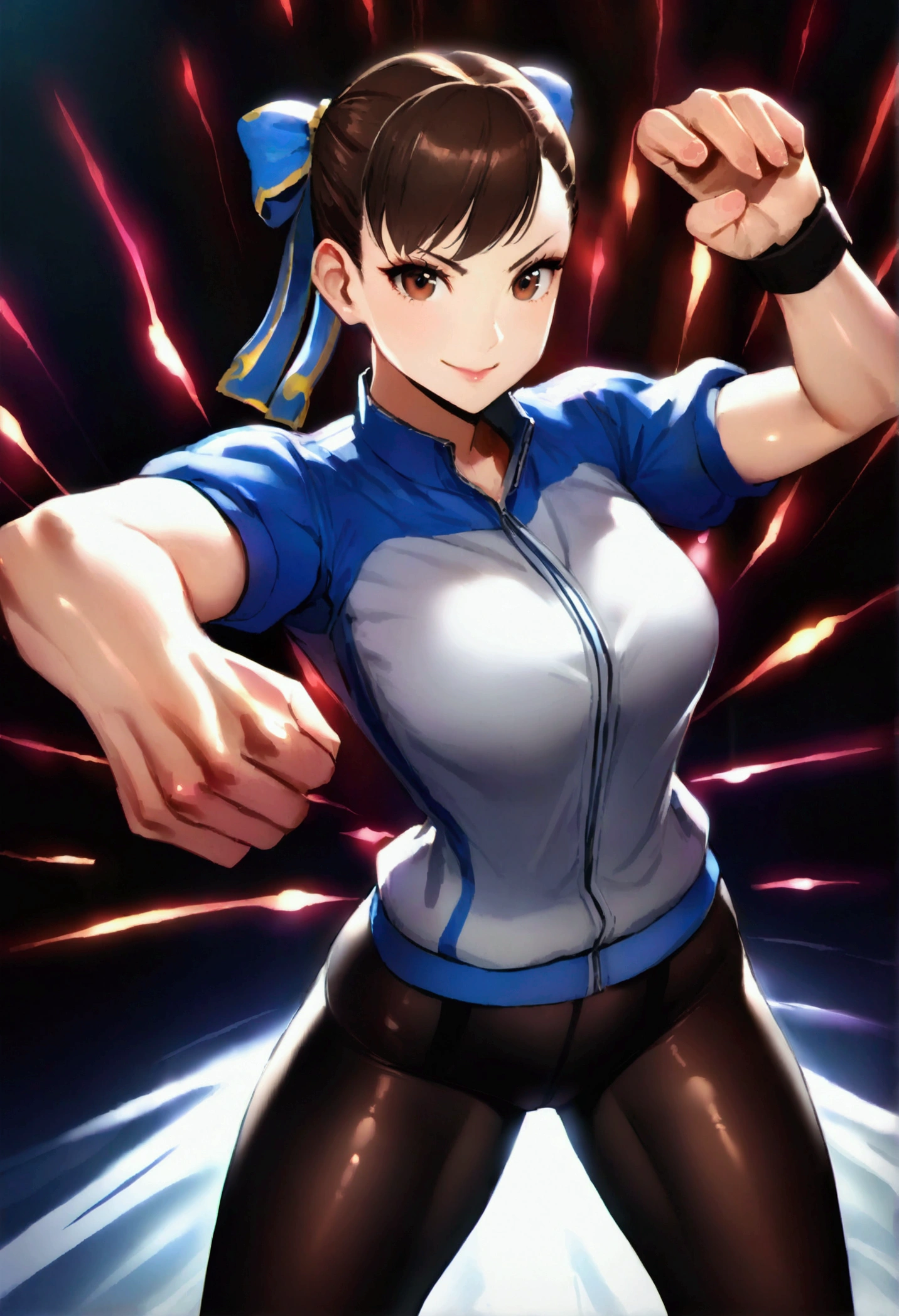 chun li,beautiful young fitness woman with , in a gym wearing May with black pantyhose, white and blue fitted gym jacket. standing alone, of hair,shiny brown eyes,beautiful smile,black leggings aura fight pose
