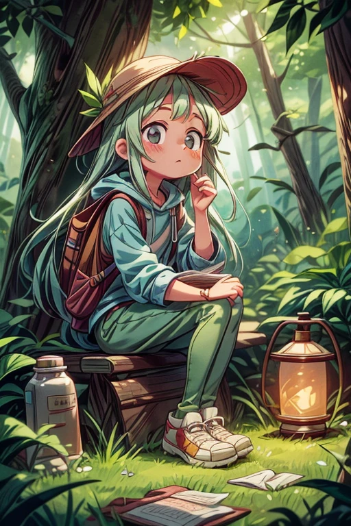 "Create a charming, Studio Ghibli-inspired illustration of a young girl enjoying a serene camping scene. She is dressed in a soft, olive-green hoodie, denim shorts, and light blue leggings, complemented by trekking shoes. Her semi-long straight hair flows naturally and is adorned with a delicate flower accessory. She wears an outdoor hat and a handmade bracelet, as well as a simple pendant made from natural materials. The girl's expression is peaceful and relaxed, perfectly capturing the tranquility of the moment. She is surrounded by camping essentials like a large backpack, a water bottle, a glowing lantern, a compass, and a camera. Add a cozy blanket and a book to enhance the serene and comforting atmosphere. The background should be a whimsical, lush forest with soft, dreamy colors reminiscent of Ghibli's enchanting landscapes."
