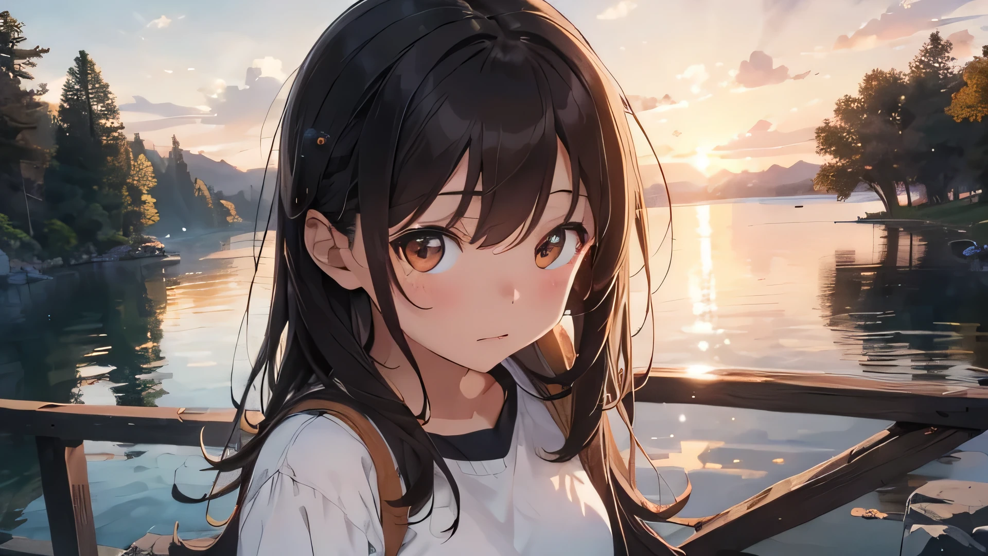 Generate a girl, Brown Hair, Brown eyes, Someone who feels at peace with themselves, Her character design is、, Introspective, Smart, Calm and relaxed, masterpiece, Very detailed, High resolution, Super sharp, 8k, Sitting by the lake, Watching the sunset in quiet wonder and contemplation.