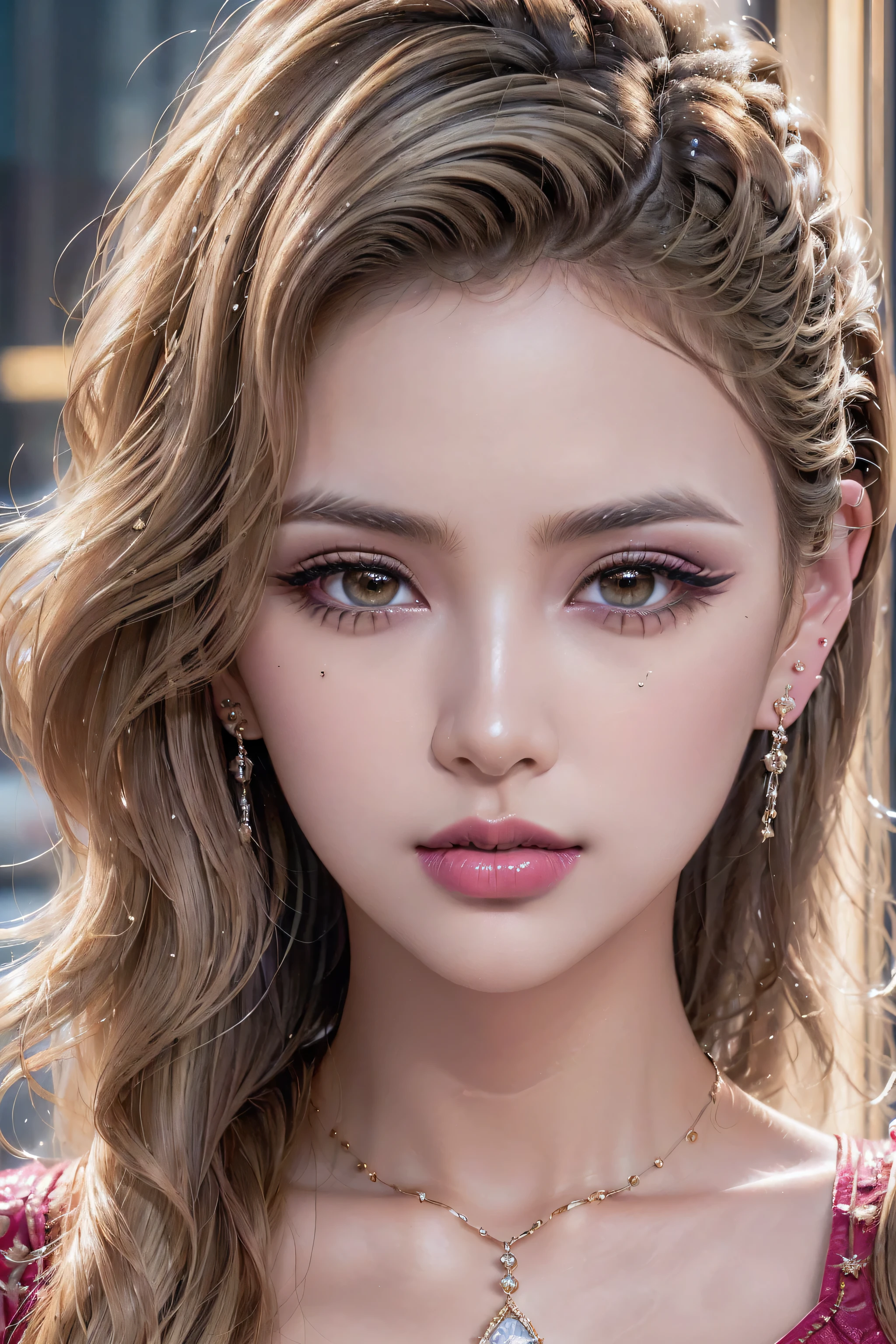 ((Make your subject look three-dimensional with the contrast of light and shadow)), photorealistic Realism 8K, 16K, Quality, (1woman:1.4, 24yo), professional-grade photograph, (realistic proportional body, anatomically correct:1.3), best high quality real texture skin, best high quality real texture hair, (a beautiful (1 European woman:1.5)), (blonde hair((wavy combed up, behind the ear:1.26)), ultra detailed:1.2),(firm big full breasts), elegant designer saree, matching blouse and fashion accessories, ((earrings and heart shaped diamond necklace)), indoors, night time, dslr, best high quality((soft cinematic lighting)) sharp focus captured by Fujifilm XT3, f 5.6, focus on cute girl and decorations on realistic architecture, perfect composition)), ((Ultra resolution, ultra details realistic brown_eyes:1.3), extrem detail), (light pale complexion), (absurd quality, clear sharp focus, not blurry eyes), ((finaly detailed round pupils)), ((best high quality natural beautiful cute sharp face), extremely detailed:1.2), detailed lips:1.3, Double eyelids, (pink_makeup:1.22), (long blue_eyeliner), (red_lipstick:1.3), ((perfect dark_eyeshadows:1.3)), (Detailed nose:1.2), perfect composition, (((close up of a woman's eyes:1.45))),