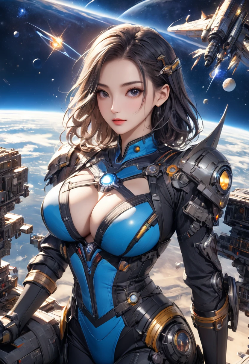 (Detailed Description,Unbelievably absurd,High resolution,8k wallpaper,masterpiece,Highest quality,Regional Depth),((女性universe飛行士:1.5)),(universe服),Large Breasts,whole body,background:universe,cockpit,universe船,meteor,milky way