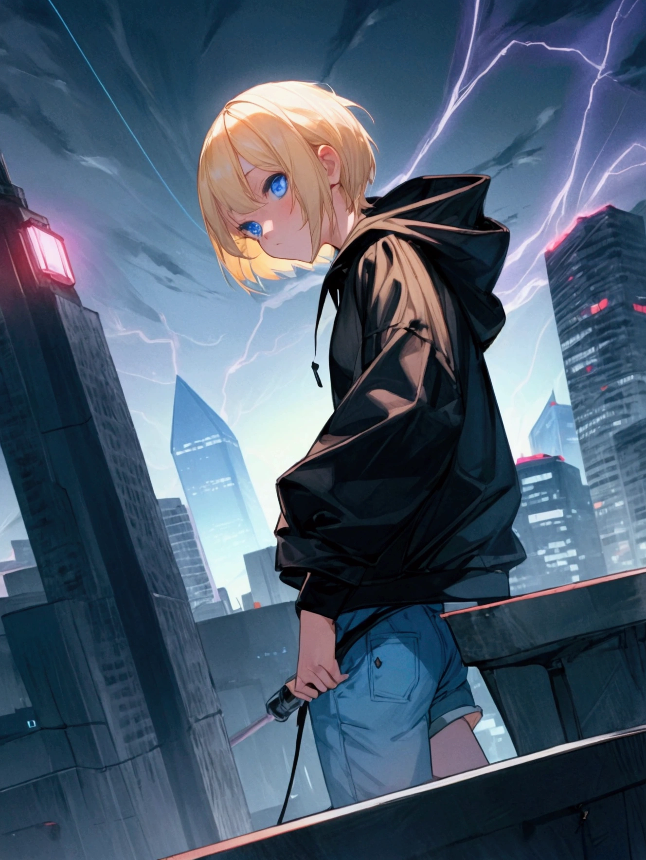 girl with blonde short hair, blue eyes, wearing short pants, black hoodie, night with lightning, low angle camera, from top of bulding