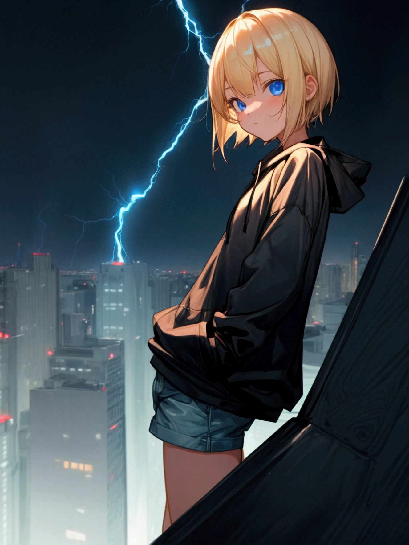 girl with blonde short hair, blue eyes, wearing short pants, black hoodie, night with lightning, low angle camera, from top of bulding