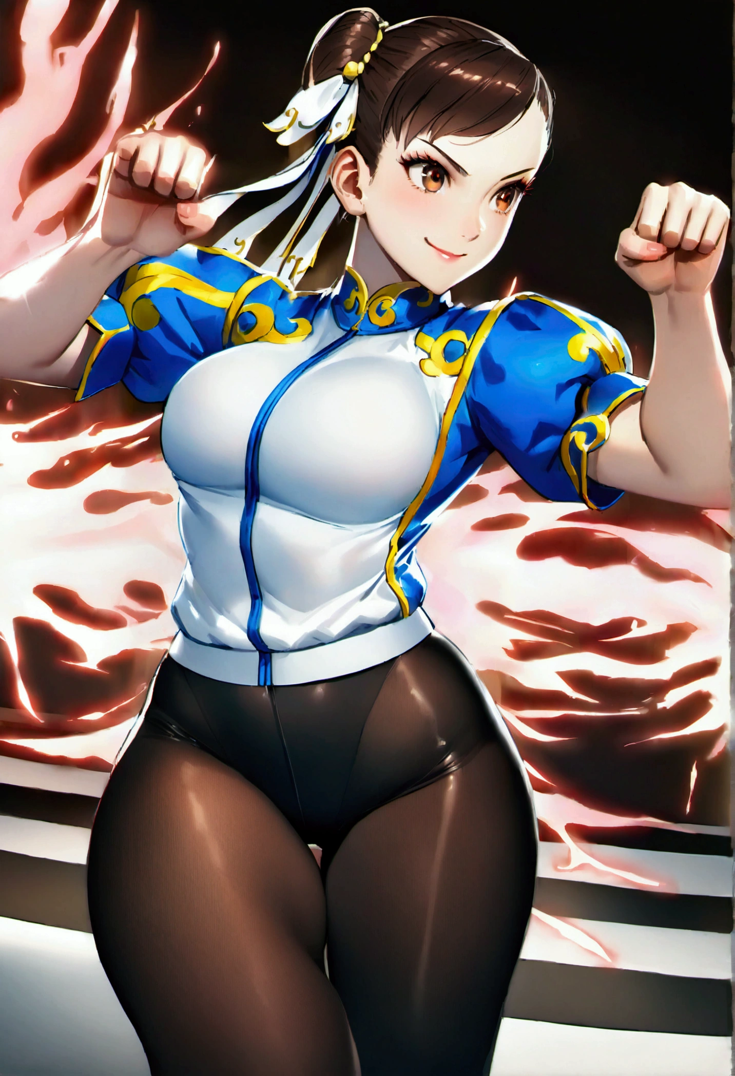 chun li,beautiful young fitness woman with , in a gym wearing May with black pantyhose, white and blue fitted gym jacket. standing alone, of hair,shiny brown eyes,beautiful smile,black leggings aura fight pose kick