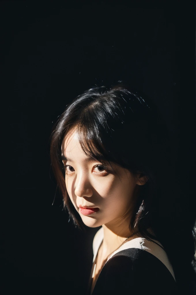 Best Quality,Masterpiece,Ultra High Resolution,(Realisticity:1.4),Original Photo,
1Girl,shadow,black background,