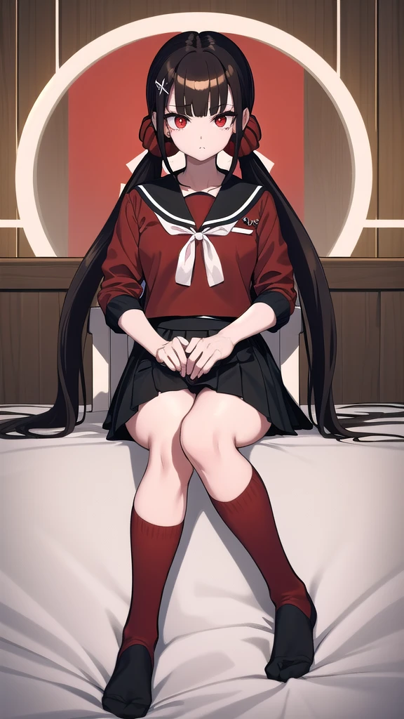 masterpiece, Highest quality, Ultra high definition, Spring Roll, Red eyes, Brown Hair, Low twin tails, Red scrunchie, Mole under the eye, Blunt bangs,Hair Clip, White ribbon, Red Seraph, Black sailor collar,  Black Skirt, Pleated skirt, Rolled up my sleeves, （Red knee socks:1.4）,  Sitting in a chair