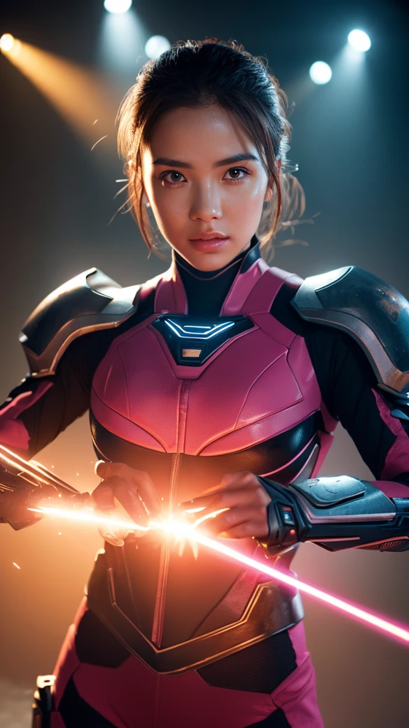 A female power ranger in a pink suit, highly detailed face with beautiful eyes, lips, and expressions, holding a glowing futuristic sword, dynamic action pose, sci-fi background, cinematic lighting, photorealistic, 8k, (best quality, 4k, 8k, highres, masterpiece:1.2), ultra-detailed, (realistic, photorealistic, photo-realistic:1.37), detailed facial features, dynamic lighting, dramatic shadows, vibrant colors, intricate details, concept art style