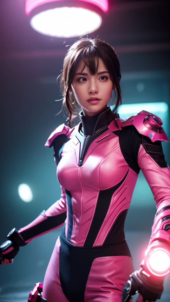 A female power ranger in a pink suit, highly detailed face with beautiful eyes, lips, and expressions, holding a glowing futuristic sword, dynamic action pose, sci-fi background, cinematic lighting, photorealistic, 8k, (best quality, 4k, 8k, highres, masterpiece:1.2), ultra-detailed, (realistic, photorealistic, photo-realistic:1.37), detailed facial features, dynamic lighting, dramatic shadows, vibrant colors, intricate details, concept art style