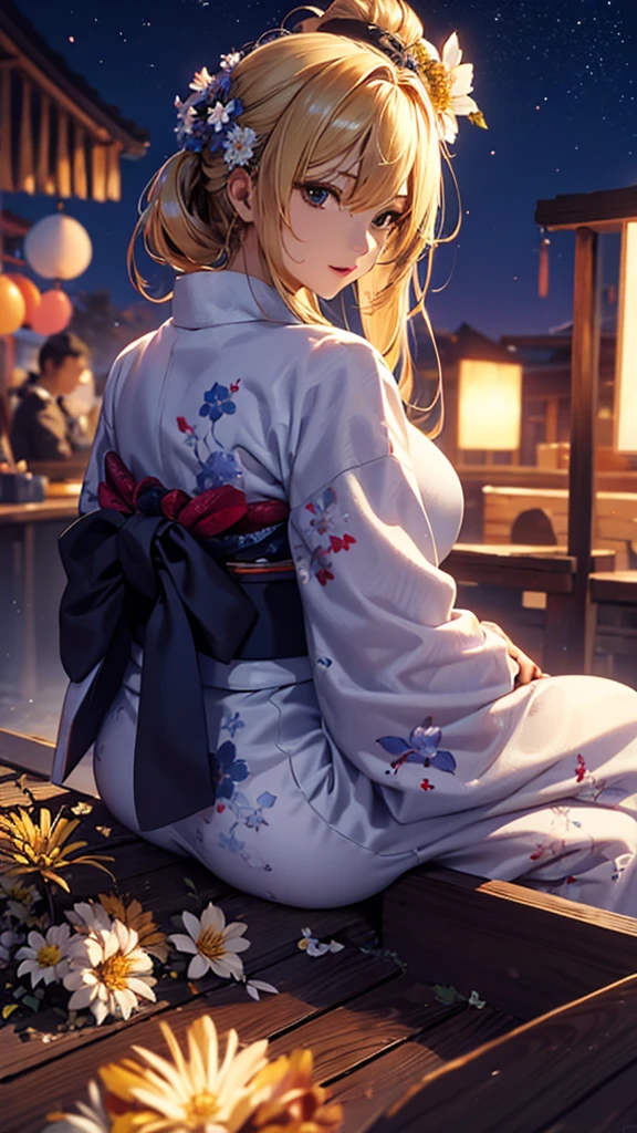 masterpiece, high quality, 4K, Beautiful design, silhouette,blonde, 非常に詳細な夜のStarry Sky,Flower Field, wonderful, Finer details, Very knowledgeable woman, Highly detailed solo, 1 female,Big Breasts,Street food vendor,Butt Emphasis,Yukata in white color,Night view,Starry Sky,How to sit,firework,