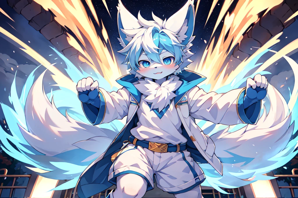 Blue hair，White hair，Blue dragon tail，The end of the tail has white fuzz，hairy，God of Art Super Top Quality, Super detailed, High resolution, Anime cute art style, The best anime, 8k, Kona sauce wallpaper, Pixiv Contest Winners, Perfect anatomical structure, , (Energetic teenager, 13 years old:1.3), High resolution详细的头发，Iris and pupil are well proportioned，Blue pupils，Blue ears，Single，Light blue coat，White shorts，White boots，playground