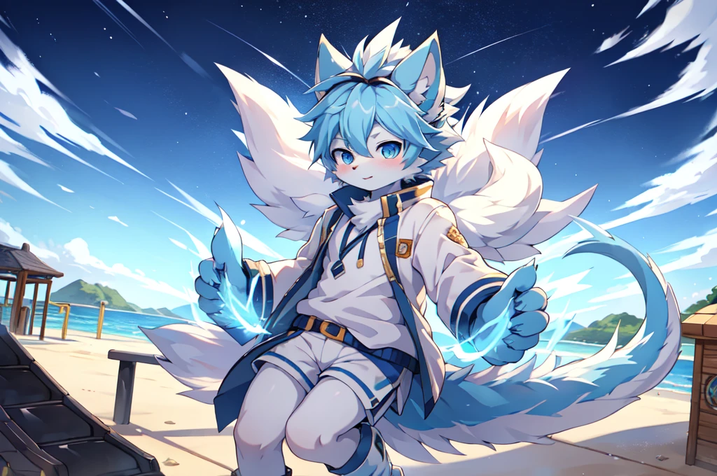 Blue hair,White hair,Blue dragon tail,The end of the tail has white fuzz,hairy,God of Art Super Top Quality, Super detailed, High resolution, Anime cute art style, The best anime, 8k, Kona sauce wallpaper, Pixiv Contest Winners, Perfect anatomical structure, , (Energetic teenager, 13 years old:1.3), High resolution详细的头发,Iris and pupil are well proportioned,Blue pupils,Blue ears,Single,Light blue coat,White shorts,White boots,playground