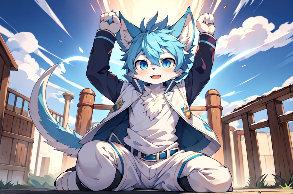 Blue hair，White hair，Blue dragon tail，The end of the tail has white fuzz，hairy，God of Art Super Top Quality, Super detailed, High resolution, Anime cute art style, The best anime, 8k, Kona sauce wallpaper, Pixiv Contest Winners, Perfect anatomical structure, , (Energetic teenager, :1.3), High resolution详细的头发，Iris and pupil are well proportioned，Blue pupils，Blue ears，Single，Light blue coat，White shorts，White boots，playground