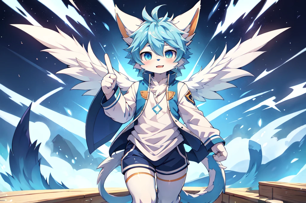 Blue hair，White hair，Blue dragon tail，The end of the tail has white fuzz，hairy，God of Art Super Top Quality, Super detailed, High resolution, Anime cute art style, The best anime, 8k, Kona sauce wallpaper, Pixiv Contest Winners, Perfect anatomical structure, , (Energetic teenager, 13 years old:1.3), High resolution详细的头发，Iris and pupil are well proportioned，Blue pupils，Blue ears，Single，Light blue coat，White shorts，White boots，playground