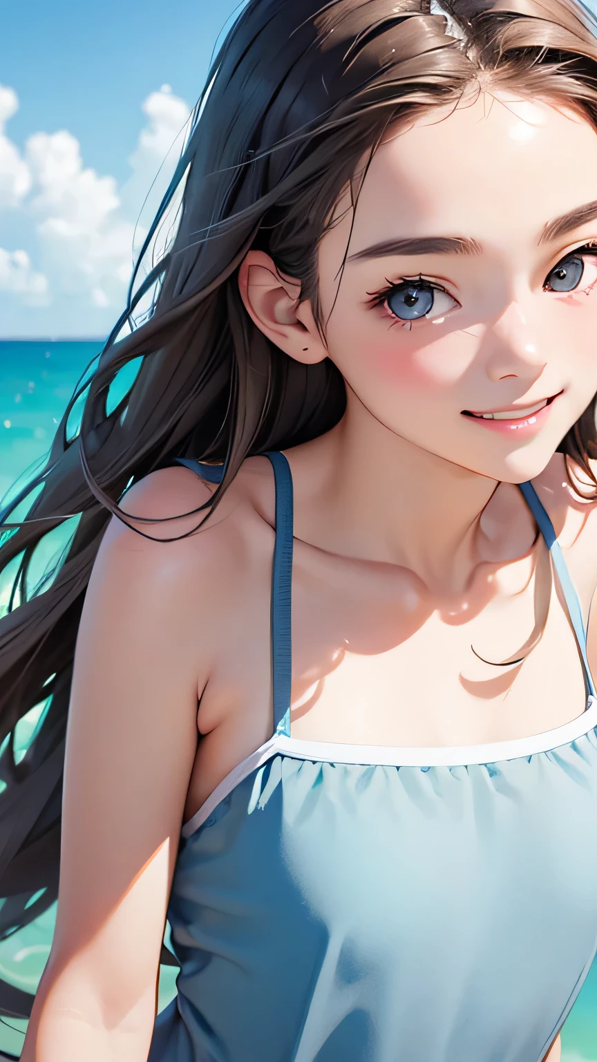 highest quality、realistic、Japanese、girl、cowboy shot、look up、cute、Green eyes、long hair、black hair、all back、Forehead is coming out、Ocean、White swimsuit、joy、sunburn、Midsummer、Sweat、slender、small breasts
