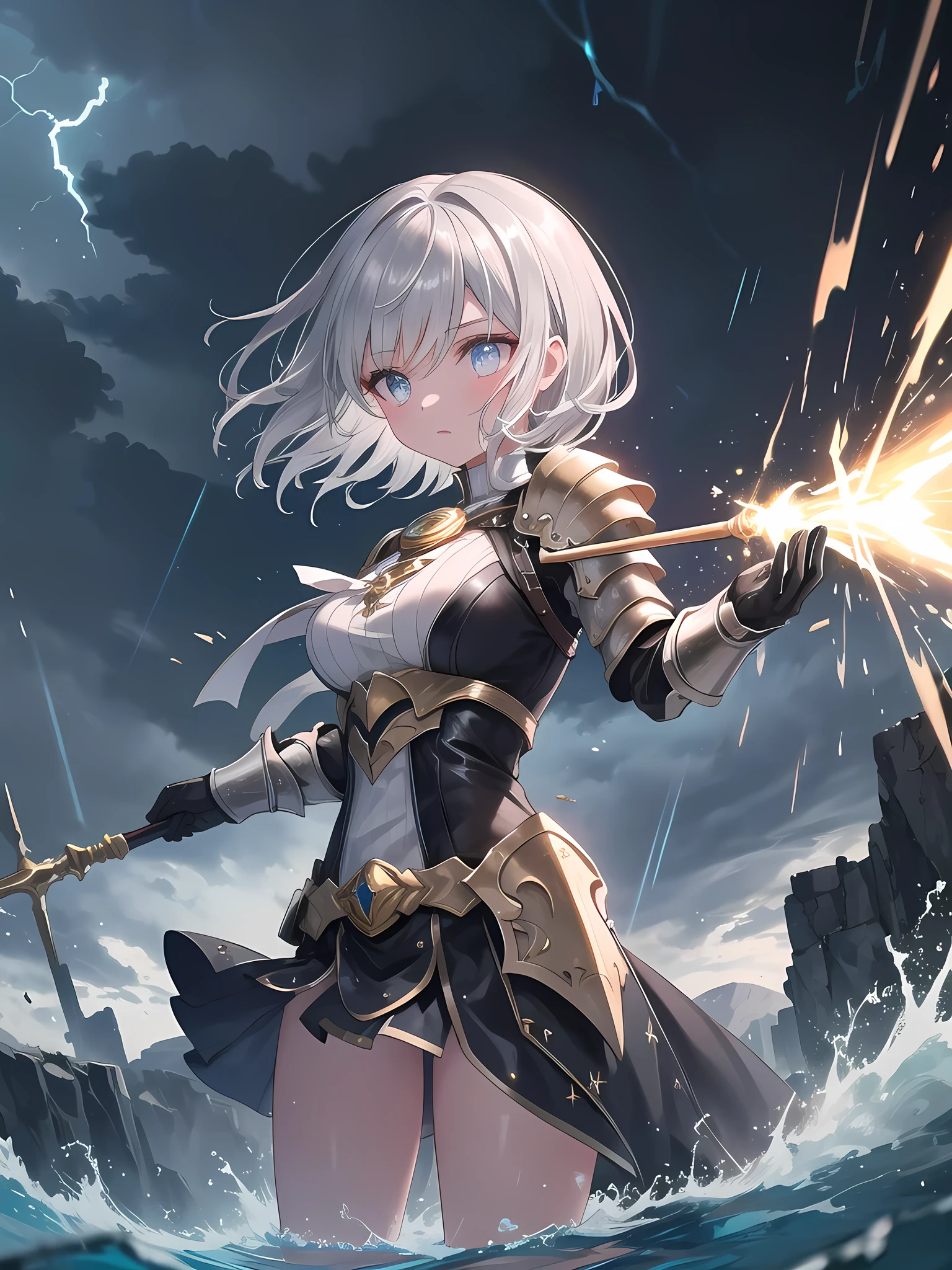 ((8k, best quality, master piece: 1.3)),super high resolution,(1 girl, solo), (colorshift eyes, hyperdetailed, expressive sparkling, glitter, glowing eyes), ultra detailed eyes, ultra-detailed face, random hair, ((silver gray color)), A silver-haired warrior is seen fighting in a tornado, wearing leather battle armor with black and gold embellishments, with a raging storm and lightning in the background. She holds a spear imbued with the power of lightning, and her gold accessories shine with the light. Magical effects shoot from the tip of the spear, controlling the storm around her. Her short silver hair is tousled by the storm winds, and her skin has a glossy texture. Her eyes are a sharp gold like lightning, and her eyes, filled with magical power, show her determination to fight. She stands strong against the storm, and is depicted as one with the raging nature in the background, creating a dramatic atmosphere.