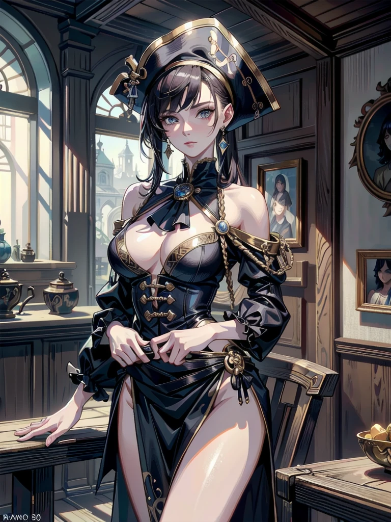 absurdres, RAW photo, extremely delicate and beautiful, masterpiece, Best Quality, ultra high resolution, 32k, hyperrealistic, ultra-detailed, perfect anatomy, anatomically correct, perfect figure, Perfect Style, Perfect balance, super Detailed skin, in her 30s, very Slim body, narrow waist, very small head, very small face, delicate facial features, handsome detailed woman, very detailed eyes and face, realistic face proportions, Realistic beautiful face, Realistic beautiful eyes, tearful mole, earring, big tits, full body shot, bare legs, medium hair, indoor, Legendary Pirate costume, Practical pirate clothing, Long-sleeved pirate top, Skirt, shirt, Torn pirate hat,