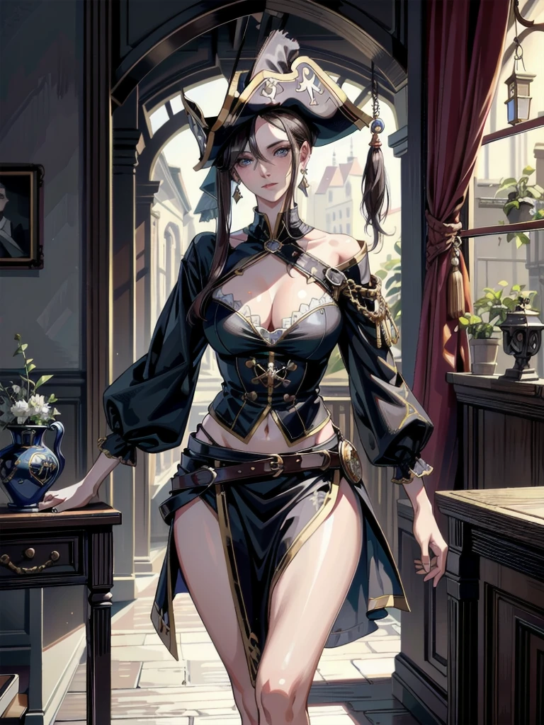 absurdres, RAW photo, extremely delicate and beautiful, masterpiece, Best Quality, ultra high resolution, 32k, hyperrealistic, ultra-detailed, perfect anatomy, anatomically correct, perfect figure, Perfect Style, Perfect balance, super Detailed skin, in her 30s, very Slim body, narrow waist, very small head, very small face, delicate facial features, handsome detailed woman, very detailed eyes and face, realistic face proportions, Realistic beautiful face, Realistic beautiful eyes, tearful mole, earring, big tits, full body shot, bare legs, medium hair, indoor, Legendary Pirate costume, Practical pirate clothing, Long-sleeved pirate top, Skirt, shirt, Torn pirate hat,
