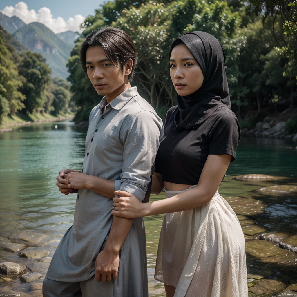 A indonesian couple (man and woman), romantic moments, the women wearing  muslim dress pra wedding, the man wearing suits, background the river at mountain,  realistic detailed UHD 4k photography extreme quality, Cg unity 8k, super delicate, background blur, full depth of field, HDR high dynamics, real restoration, intricate and extreme details, perfectly presenting the style of midjourney art.  realistic, elegant, goddess, surrealism, high detail, supremacy, cinematic lighting, ray tracing, shadow, uhd, retina, masterpiece, ccurate, anatomically correct, textured skin, super detail, high detail, high quality, high quality, award-winning, best quality, high resolution, 1080P, 16k, 8k, 4K, HD