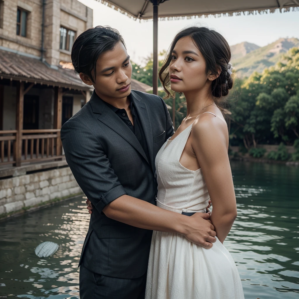 A indonesian couple (man and woman), romantic moments, the women wearing  muslim dress pra wedding, the man wearing suits, background the river at mountain,  realistic detailed UHD 4k photography extreme quality, Cg unity 8k, super delicate, background blur, full depth of field, HDR high dynamics, real restoration, intricate and extreme details, perfectly presenting the style of midjourney art.  realistic, elegant, goddess, surrealism, high detail, supremacy, cinematic lighting, ray tracing, shadow, uhd, retina, masterpiece, ccurate, anatomically correct, textured skin, super detail, high detail, high quality, high quality, award-winning, best quality, high resolution, 1080P, 16k, 8k, 4K, HD