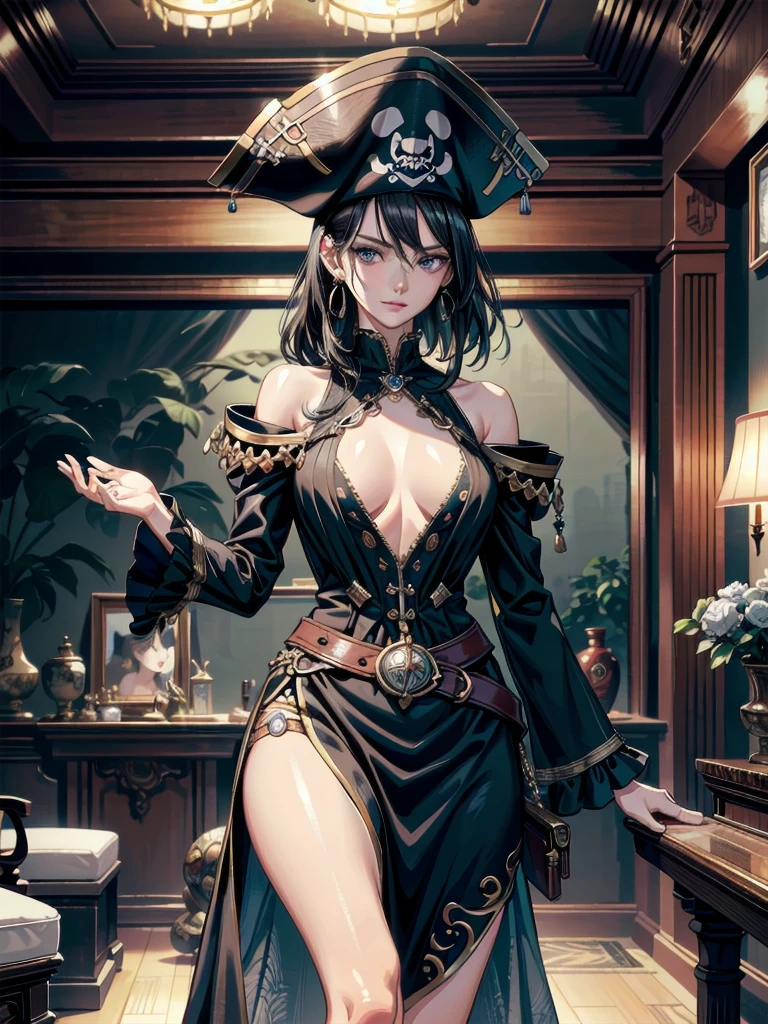 absurdres, RAW photo, extremely delicate and beautiful, masterpiece, Best Quality, ultra high resolution, 32k, hyperrealistic, ultra-detailed, perfect anatomy, anatomically correct, perfect figure, Perfect Style, Perfect balance, super Detailed skin, in her 30s, very Slim body, narrow waist, very small head, very small face, delicate facial features, handsome detailed woman, very detailed eyes and face, realistic face proportions, Realistic beautiful face, Realistic beautiful eyes, tearful mole, earring, big tits, full body shot, bare legs, medium hair, indoor, Legendary Pirate costume, Practical pirate clothing, Long-sleeved pirate top, Skirt, shirt, Torn pirate hat,