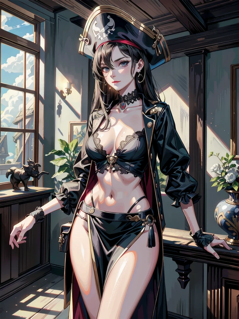 absurdres, RAW photo, extremely delicate and beautiful, masterpiece, Best Quality, ultra high resolution, 32k, hyperrealistic, ultra-detailed, perfect anatomy, anatomically correct, perfect figure, Perfect Style, Perfect balance, super Detailed skin, in her 30s, very Slim body, narrow waist, very small head, very small face, delicate facial features, handsome detailed woman, very detailed eyes and face, realistic face proportions, Realistic beautiful face, Realistic beautiful eyes, tearful mole, earring, big tits, full body shot, bare legs, medium hair, indoor, Legendary Pirate costume, Practical pirate clothing, Long-sleeved pirate top, Skirt, shirt, Torn pirate hat,