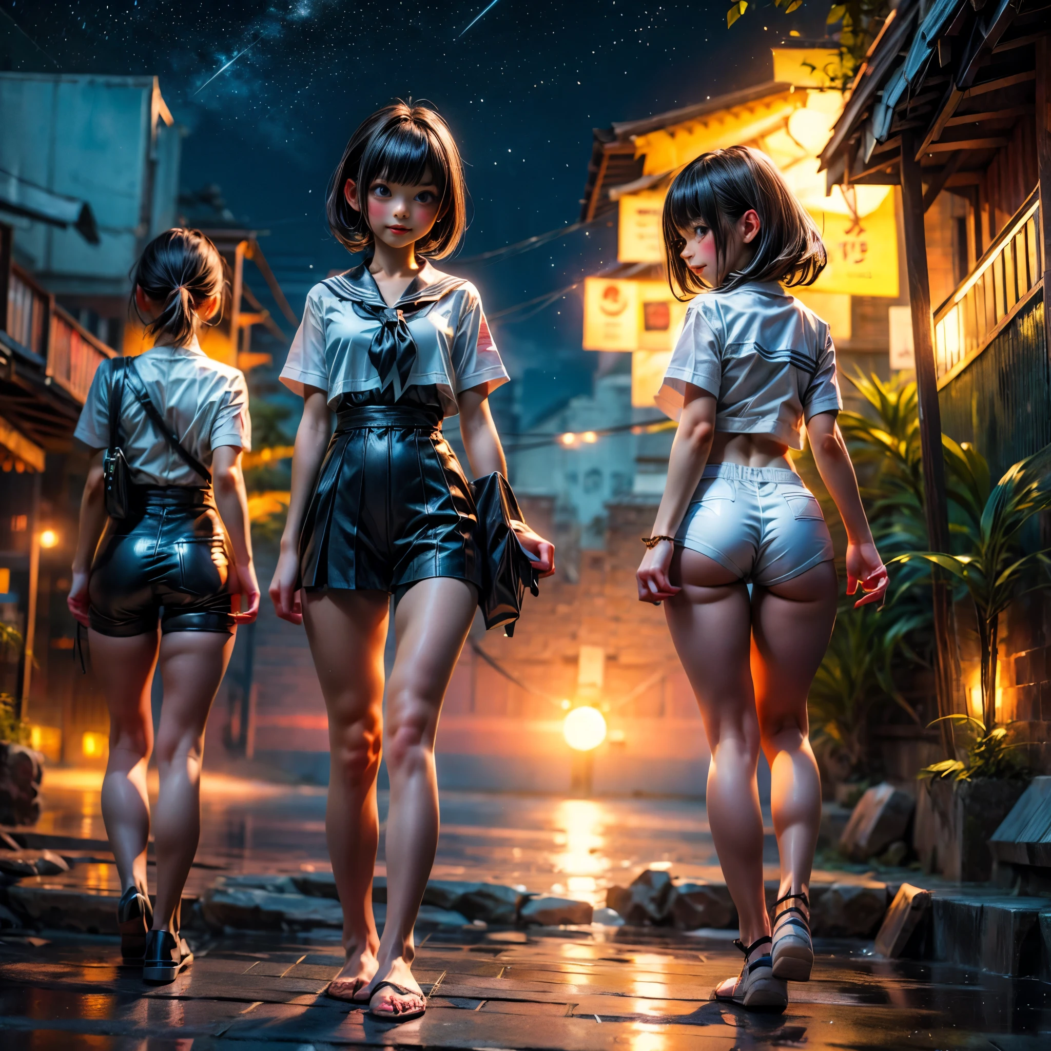 Masterpiece of ProfessionalPhoto ((ExtremelyDetailed (12 PICHIPICHI KAWAII Girls Floating in The Air in a row:1.37) in WHITE at Dusk Enoshima Beach)), {(Standing Full Body:1.2)|(from below:1.2)|Detailed KAWAII face}, Different types of hair colors, {(skinny(school swimwear))|(SchoolUniform)with Tiny AthleticShorts}, {(Corrected Childish hand)|Hidden hand|Different types of breasts|(Clearly Visible the shape of Butt)}, Joyful Expressions LifeLike Rendering, Detailed clothing texture, PerfectLighting, (Dazzling Horizon Visible through ThighGap), (Starry IridescentParticles:1.22) ColorfulClouds