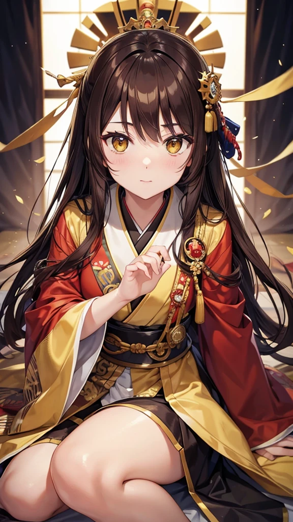 A japanese king with yellow eyes brown hair wearing fantasy dress