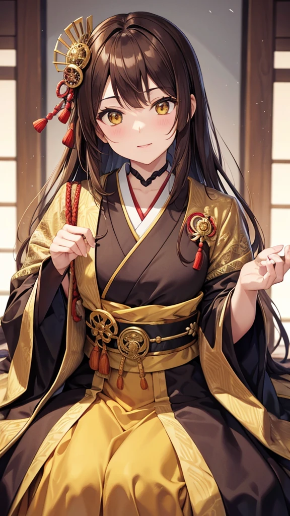  A japanese king with yellow eyes brown hair wearing fantasy dress 