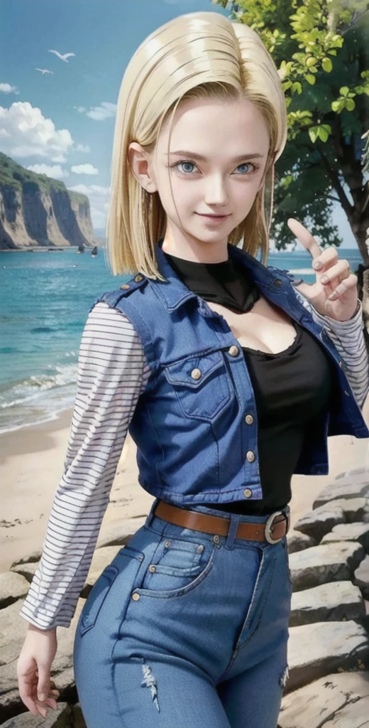 android 18,blonde hair, (Long Straight hair), blue eyes, vest, black shirt, long sleeves, denim jacket, looking at viewer, smile Face, close up portrait, outside, beach, ocean, blue sky, trees, rocks, high quality, masterpiece,  sexy body, perfect breasts, slightly torn shirt on the chest