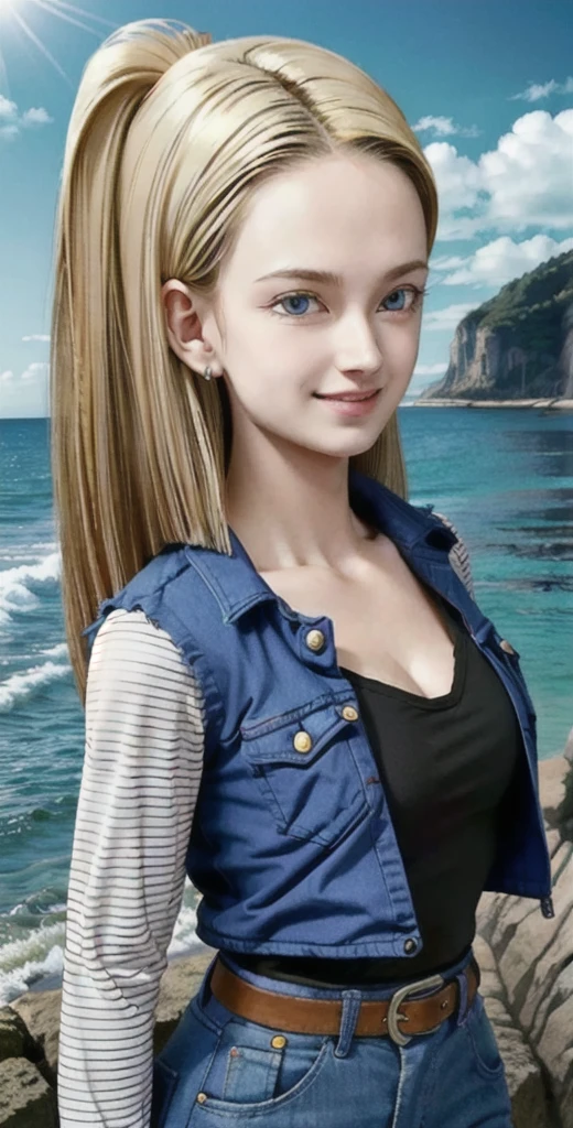 android 18,blonde hair, (Long Straight hair), blue eyes, vest, black shirt, long sleeves, denim jacket, looking at viewer, smile Face, close up portrait, outside, beach, ocean, blue sky, trees, rocks, high quality, masterpiece,  sexy body, perfect breasts, slightly torn shirt on the chest