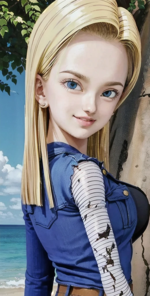 android 18,blonde hair, (Long Straight hair), blue eyes, vest, black shirt, long sleeves, denim jacket, looking at viewer, smile Face, close up portrait, outside, beach, ocean, blue sky, trees, rocks, high quality, masterpiece, sexy body, perfect breasts, slightly torn shirt on the chest