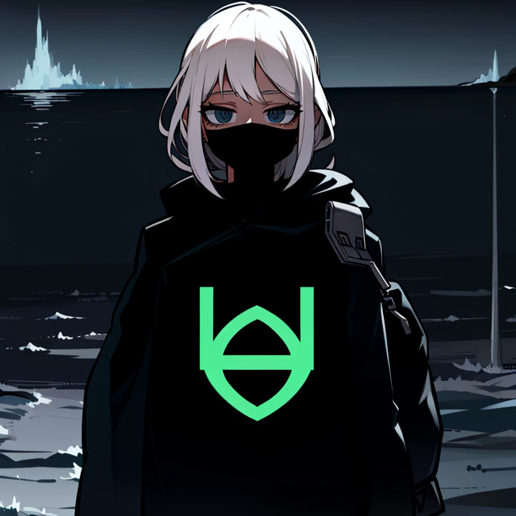 dusk,White hair girl,Wearing a white shirt and plaid skirt,The hood covered her face,She carries a backpack on one shoulder,A guitar on one shoulder,Facing the sea。
