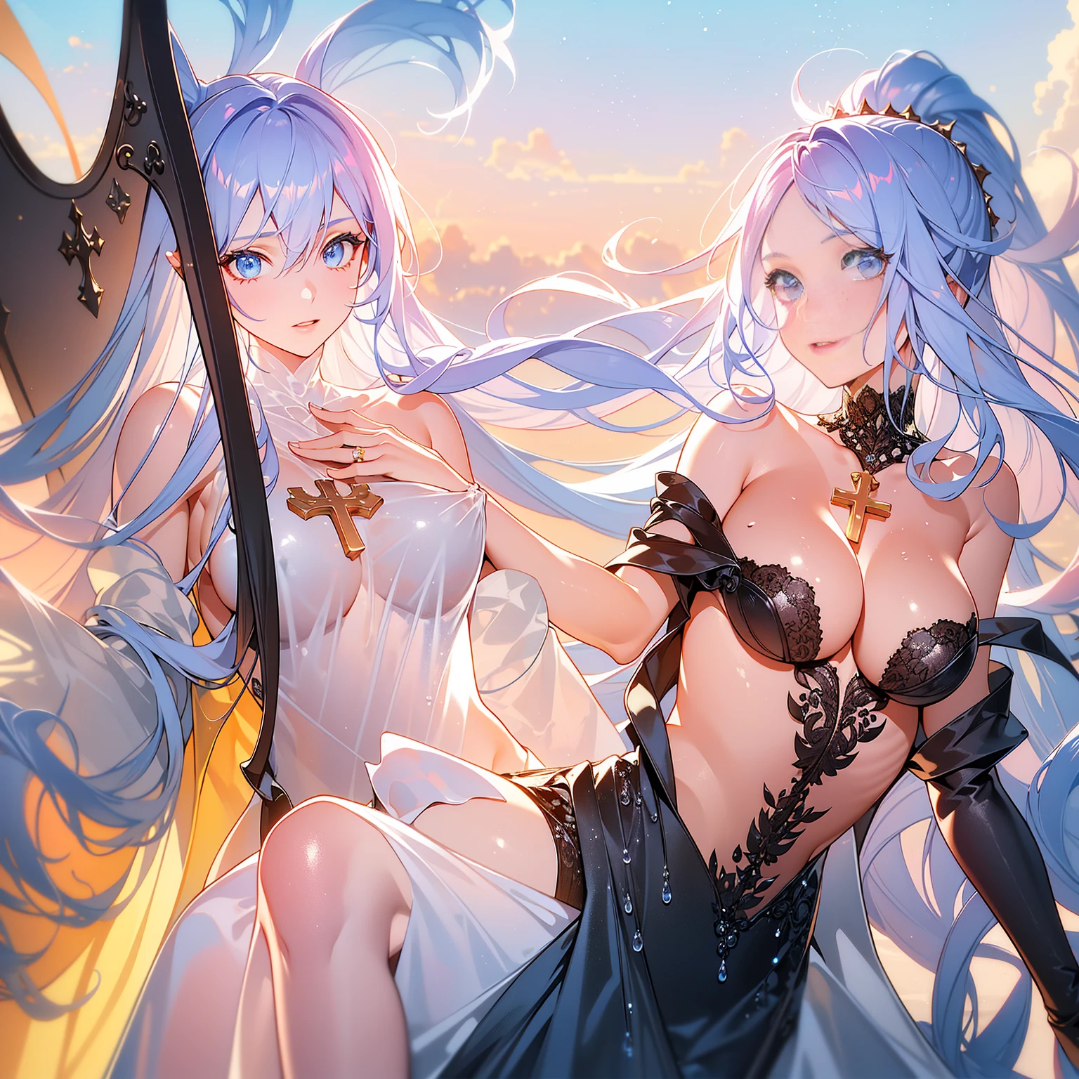 Long random color hair,Eye color random,Sexy transparent colonial dress, Perfect body, Chest Clearance, Well-defined collarbone, Surreal, lifelike, detailed, Perky transparent nipples, Wet clothes(whole body:1.1),cross,Saint,best quality,Large Breasts,Big Ass。