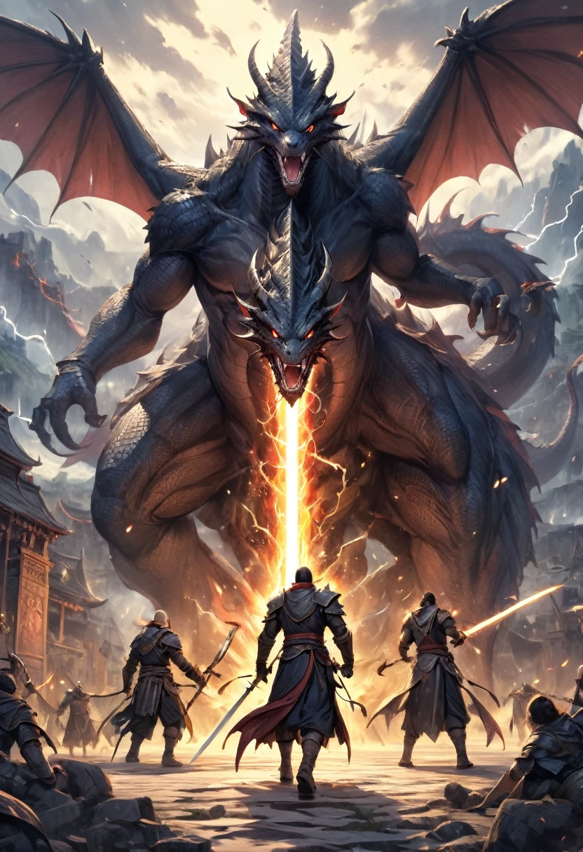 4 young men and women(Highest quality,Extremely detailed depiction,Incredible high resolution,Anatomically accurate depiction),(Glowing Skin,Glowing Skin,Sweat),Fighting a giant dragon,Warrior with a sword,Warrior with a shield,Wizard casting fire spells,Praying monk,background:Demon World,Fantasy,Lightning in the sky,huge black dragon,monster