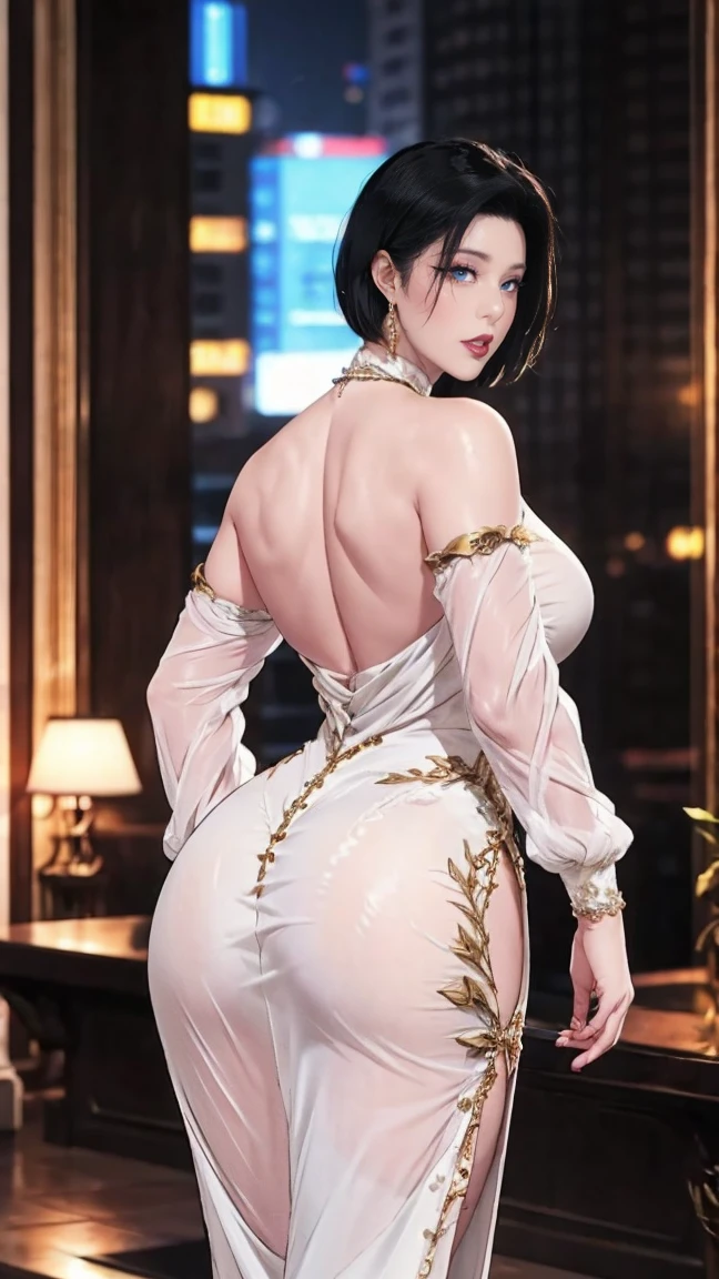 Perfect lips, perfect eyes, cowboy shot, 1 old women, matured, black short hair, looking back, back view, thick biceps, muscular body, bulky, bulk body, thick thighs, white gown, in mansion, Greek long clothes, at night，pants，show her pants，bare legs