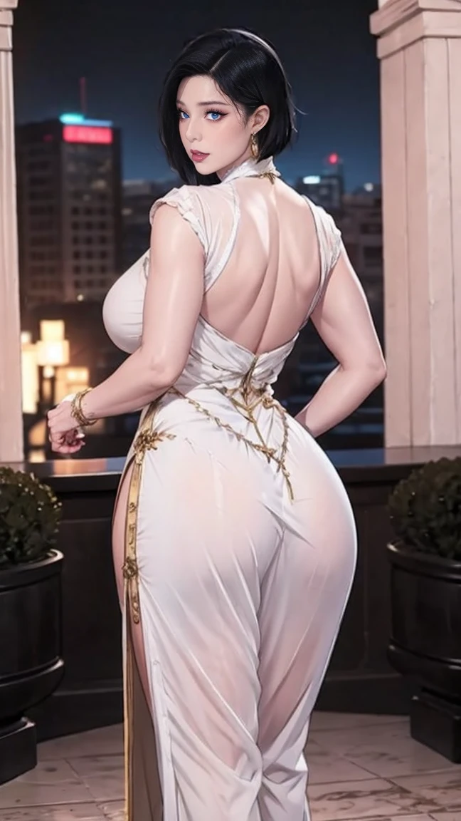 Perfect lips, perfect eyes, cowboy shot, 1 old women, matured, black short hair, looking back, back view, thick biceps, muscular body, bulky, bulk body, thick thighs, white gown, in mansion, Greek long clothes, at night，pants，show her pants，bare legs