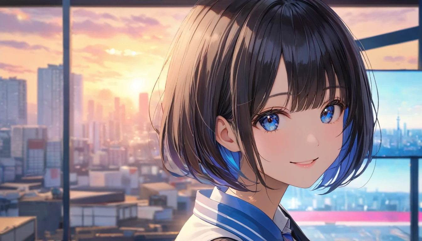 Downtown Tokyo, A clear sky with fluffy white clouds, construction area, Blur the background,Short black haired high school girl, High Cut ,smile,Glitter effect,Highest quality, 4K, 8k, High resolution, masterpiece:1.2, Very detailed, Realistic:1.37, High resolution, 超High resolution, Studio Lighting, Ultra-fine painting, Sharp focus, Physically Based Rendering, Very detailedな説明, Professional, Vibrant colors, Portraiture, landscape, photograph. Blue dominates the color palette