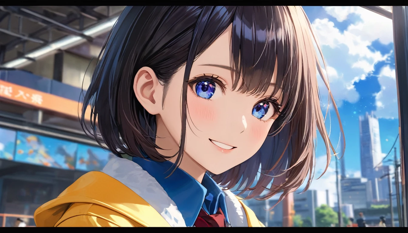 Downtown Tokyo, A clear sky with fluffy white clouds, construction area, Blur the background,Short black haired high school girl, High Cut ,smile,Glitter effect,Highest quality, 4K, 8k, High resolution, masterpiece:1.2, Very detailed, Realistic:1.37, High resolution, 超High resolution, Studio Lighting, Ultra-fine painting, Sharp focus, Physically Based Rendering, Very detailedな説明, Professional, Vibrant colors, Portraiture, landscape, photograph. Blue dominates the color palette