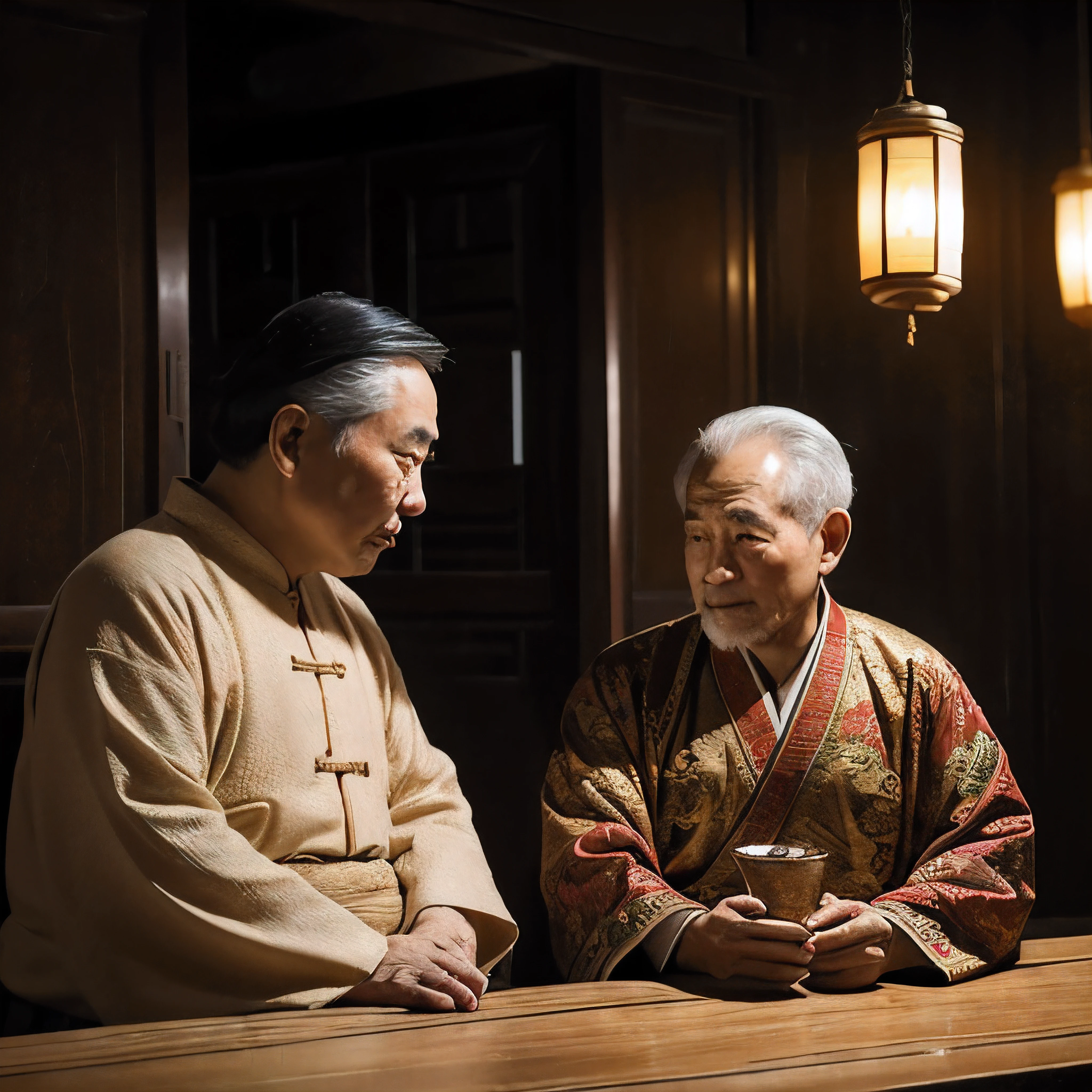 ((best quality)), ((masterpiece)), (detailed), two old wise Chinese men are talking around a Chinese style talbe in a Chinese style room with candle light, Tang dynasty