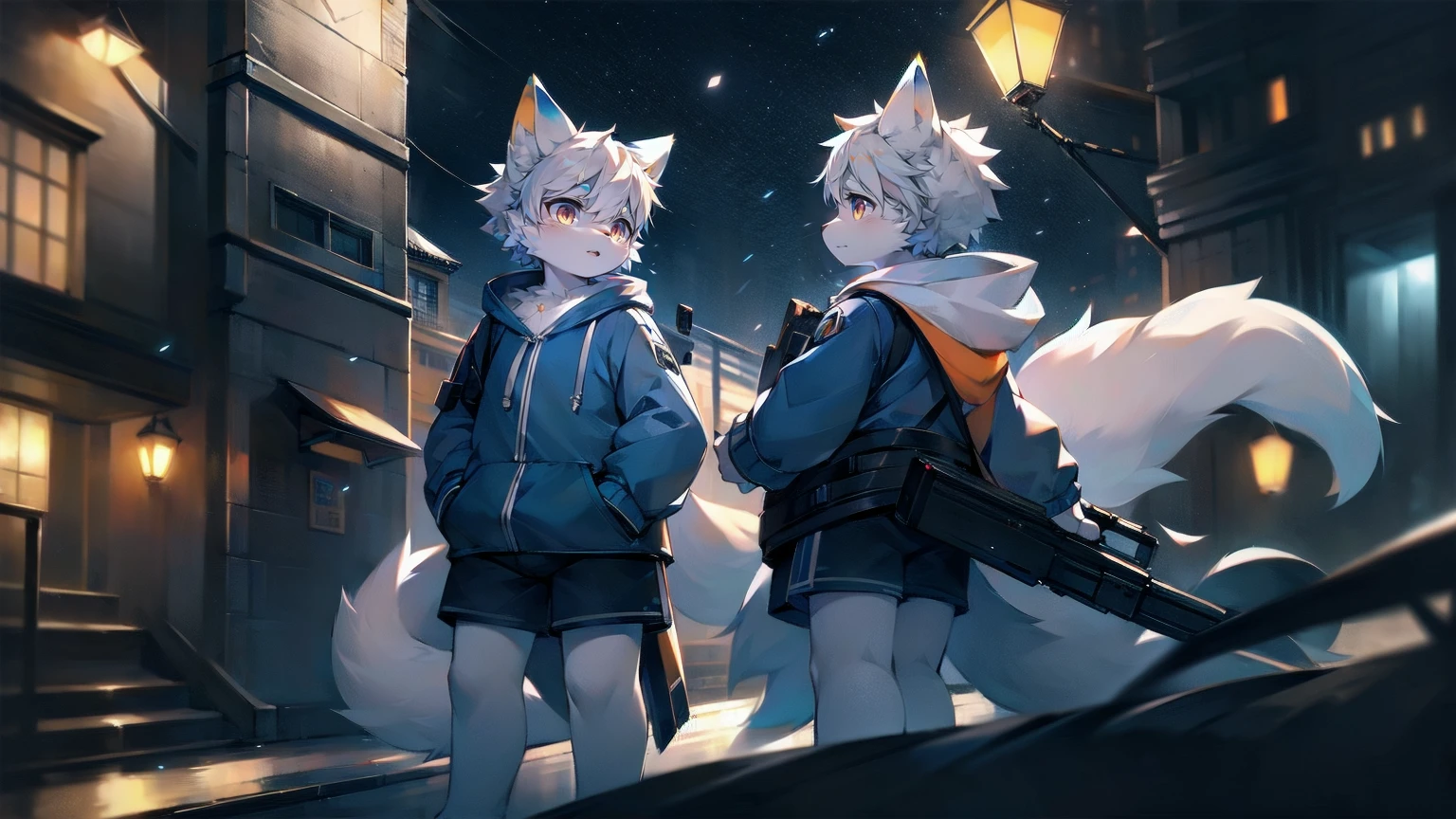 1 cute wolf, detailed fur, navy blue fluffy furcoat, white ears, orange eyes, hoodie, gray shorts, dramatic lighting, dreamlike shadows, night scene, hyper detailed, photorealistic, 8k, best quality, professional