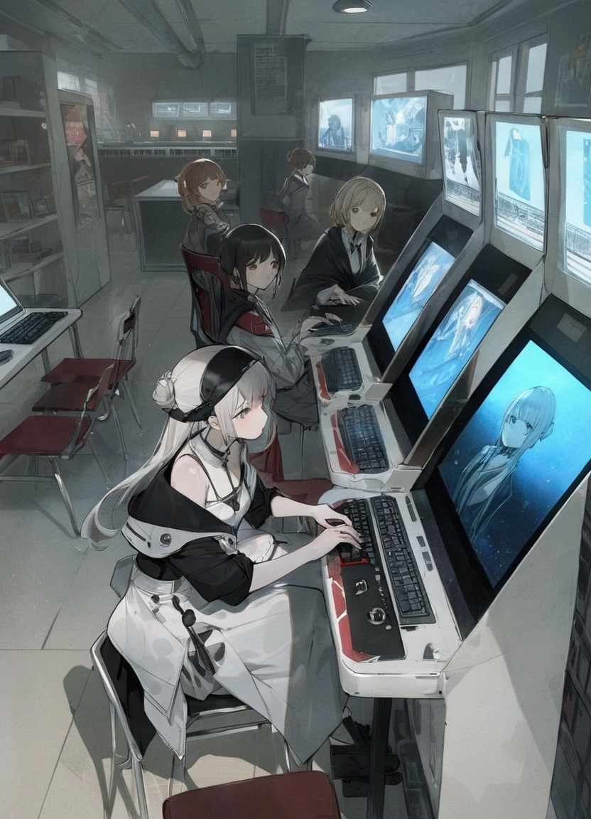 anime characters sitting at a table with a laptop and a keyboard, kantai collection arcade, kantai collection style, kancolle, last exile anime, guweiz, artwork in the style of guweiz, computer game art, girls frontline style, pixiv, last exile, anime concept art, video game style, by Akihiko Yoshida