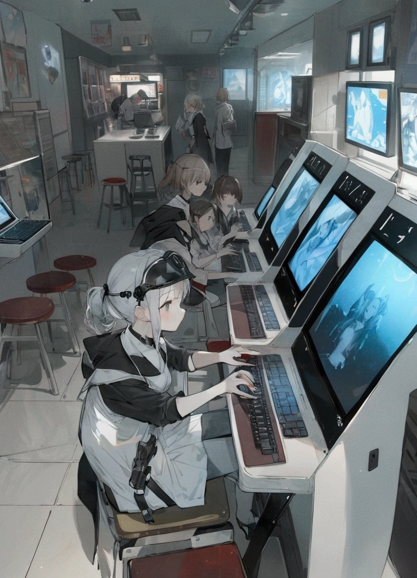 anime characters sitting at a table with a laptop and a keyboard, kantai collection arcade, kantai collection style, kancolle, last exile anime, guweiz, artwork in the style of guweiz, computer game art, girls frontline style, pixiv, last exile, anime concept art, video game style, by Akihiko Yoshida